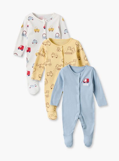 Pack of 3 Juniors Cotton Crew Neck Long Sleeves Sleepsuit Set with Vehicle Print-baby-boys-clothing-nightwear-sleepsuits-image-1