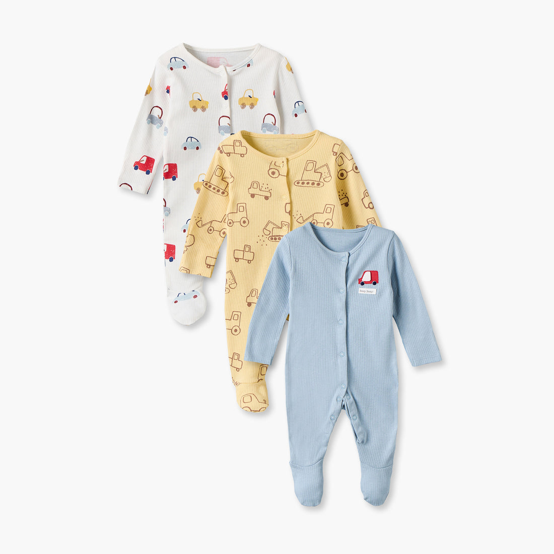 Pack of 3 Juniors Cotton Crew Neck Long Sleeves Sleepsuit Set with Vehicle Print - Multicolour / 12-18 mths