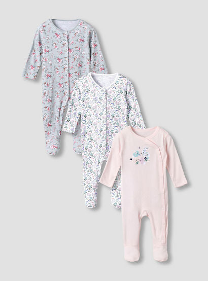 Pack of 3 Juniors Cotton Round Neck Long Sleeves Sleepsuit with Floral Print-baby-girls-clothing-nightwear-sleepsuits-image-1