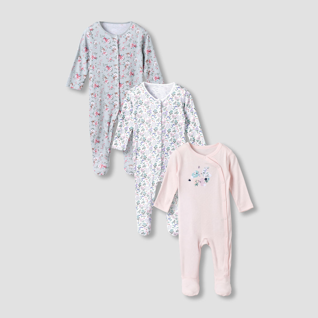 Pack of 3 Juniors Cotton Round Neck Long Sleeves Sleepsuit with Floral Print - Multicolour / 12-18 mths