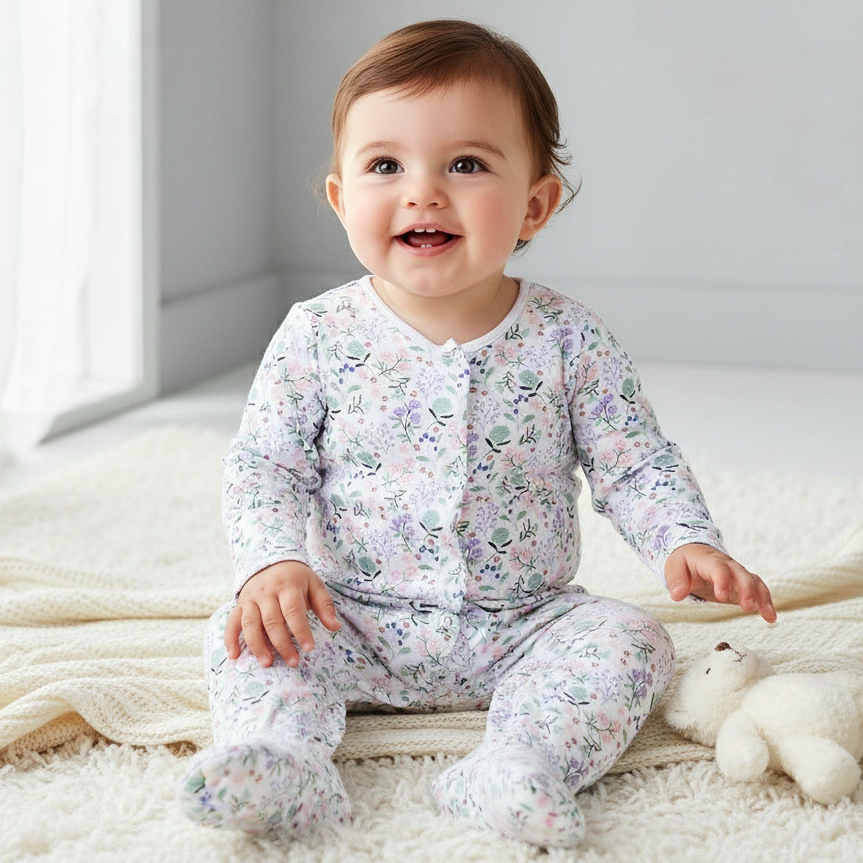 Pack of 3 Juniors Cotton Round Neck Long Sleeves Sleepsuit with Floral Print