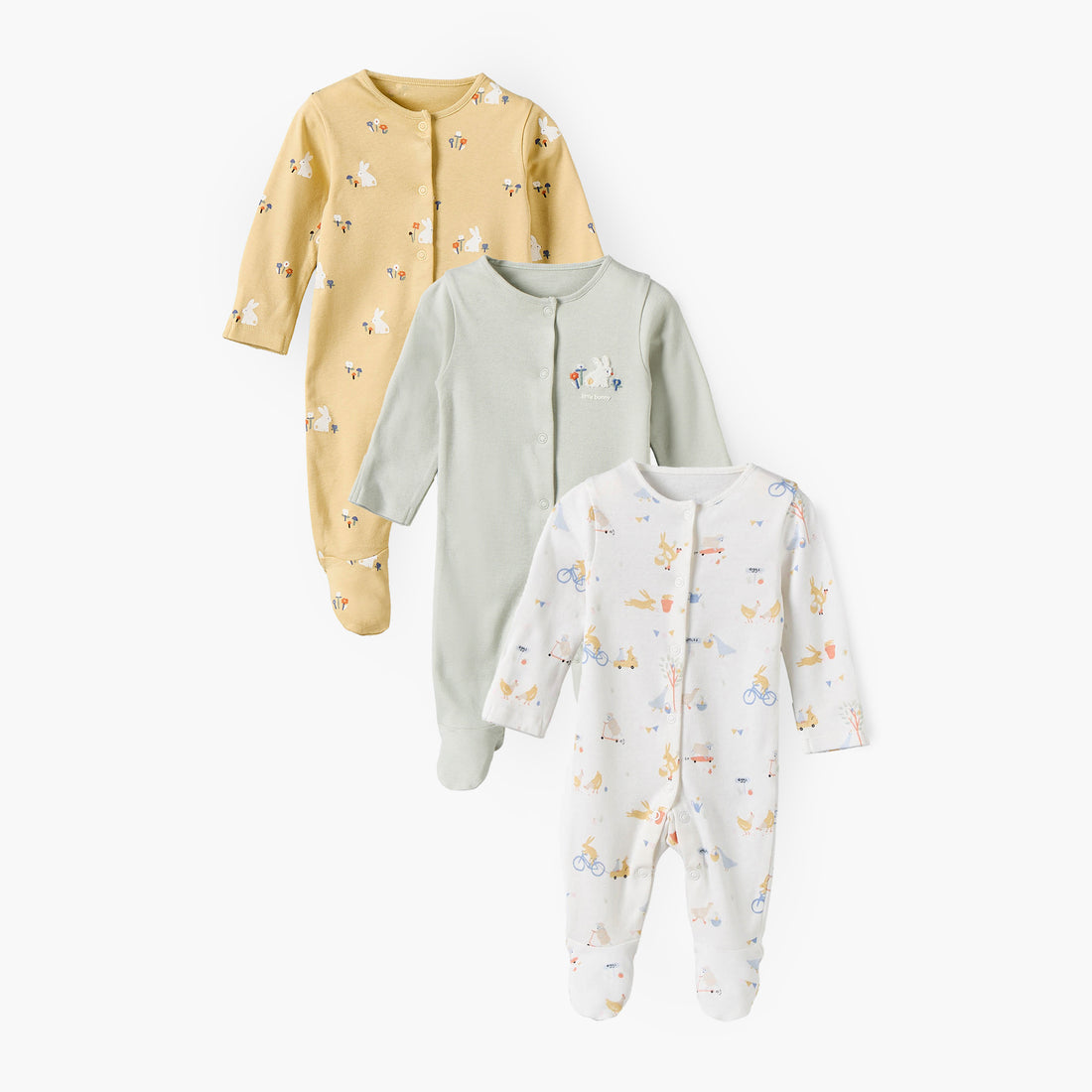Pack of 3 Juniors Cotton Crew Neck Long Sleeves Sleepsuit with Bunny Print - Multicolour / 12-18 mths