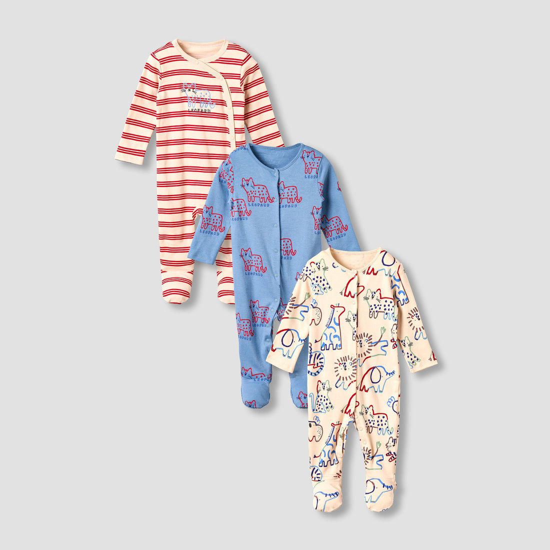 Pack of 3 Juniors Cotton Round Neck Long Sleeves Sleepsuit with Animal Print - Multicolour / 12-18 mths