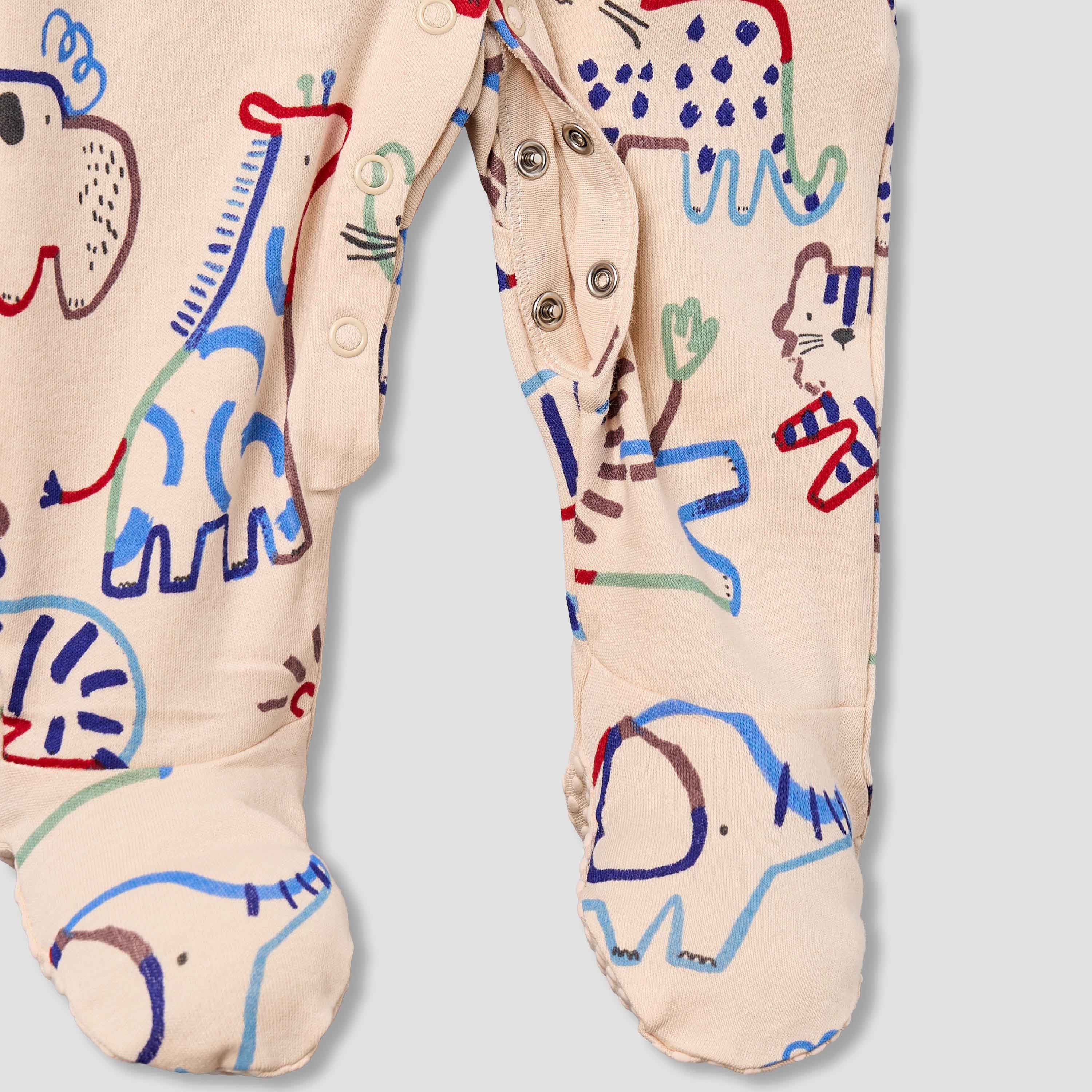 Pack of 3 Juniors Cotton Round Neck Long Sleeves Sleepsuit with Animal Print
