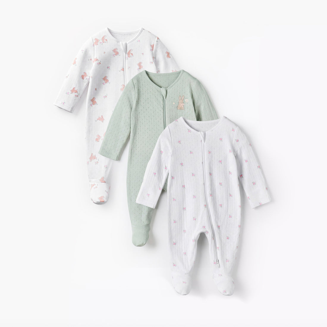 Pack of 3 Juniors Cotton Round Neck Long Sleeve Sleepsuit with Zip Closure - Multicolour / 12-18 mths