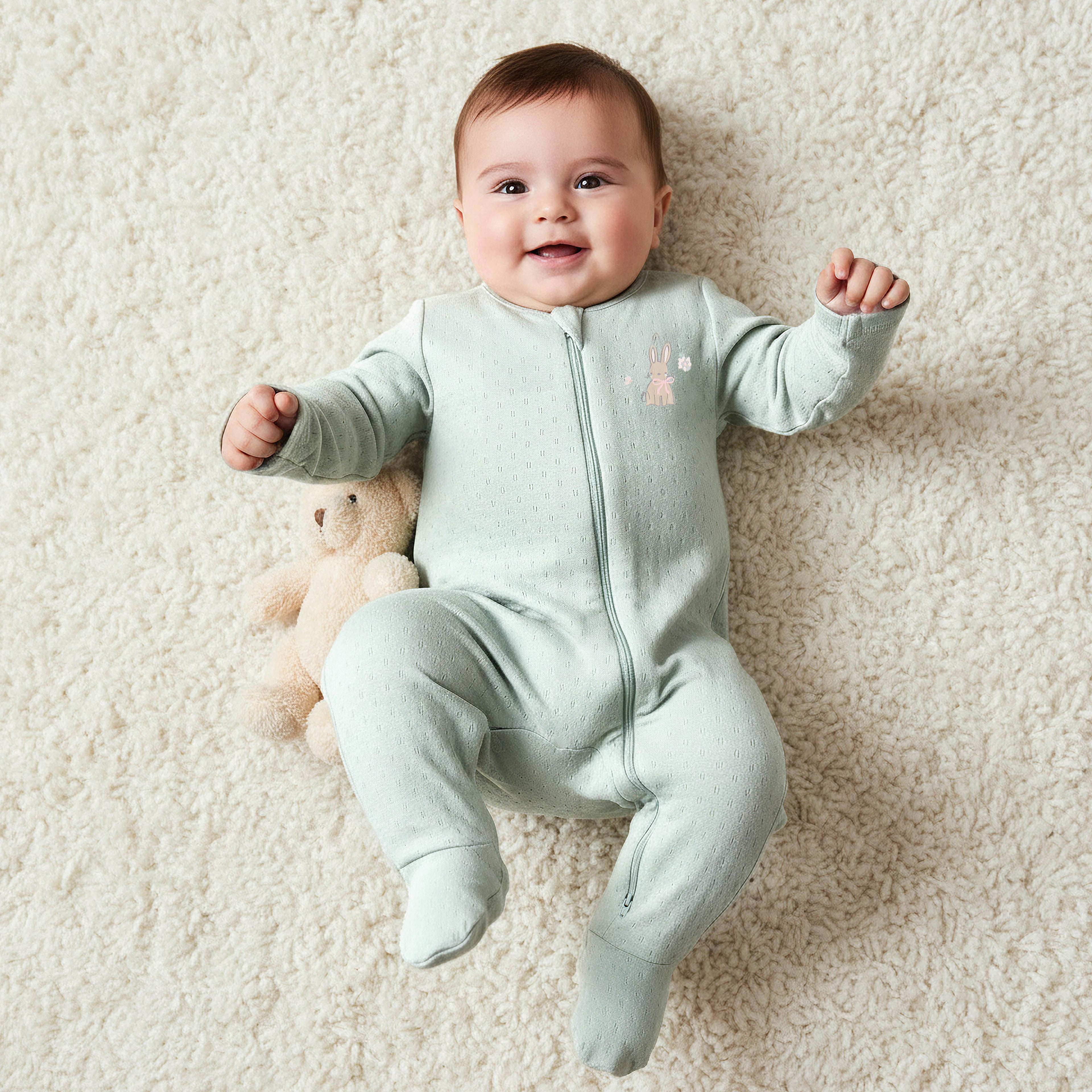 Pack of 3 Juniors Cotton Round Neck Long Sleeve Sleepsuit with Zip Closure