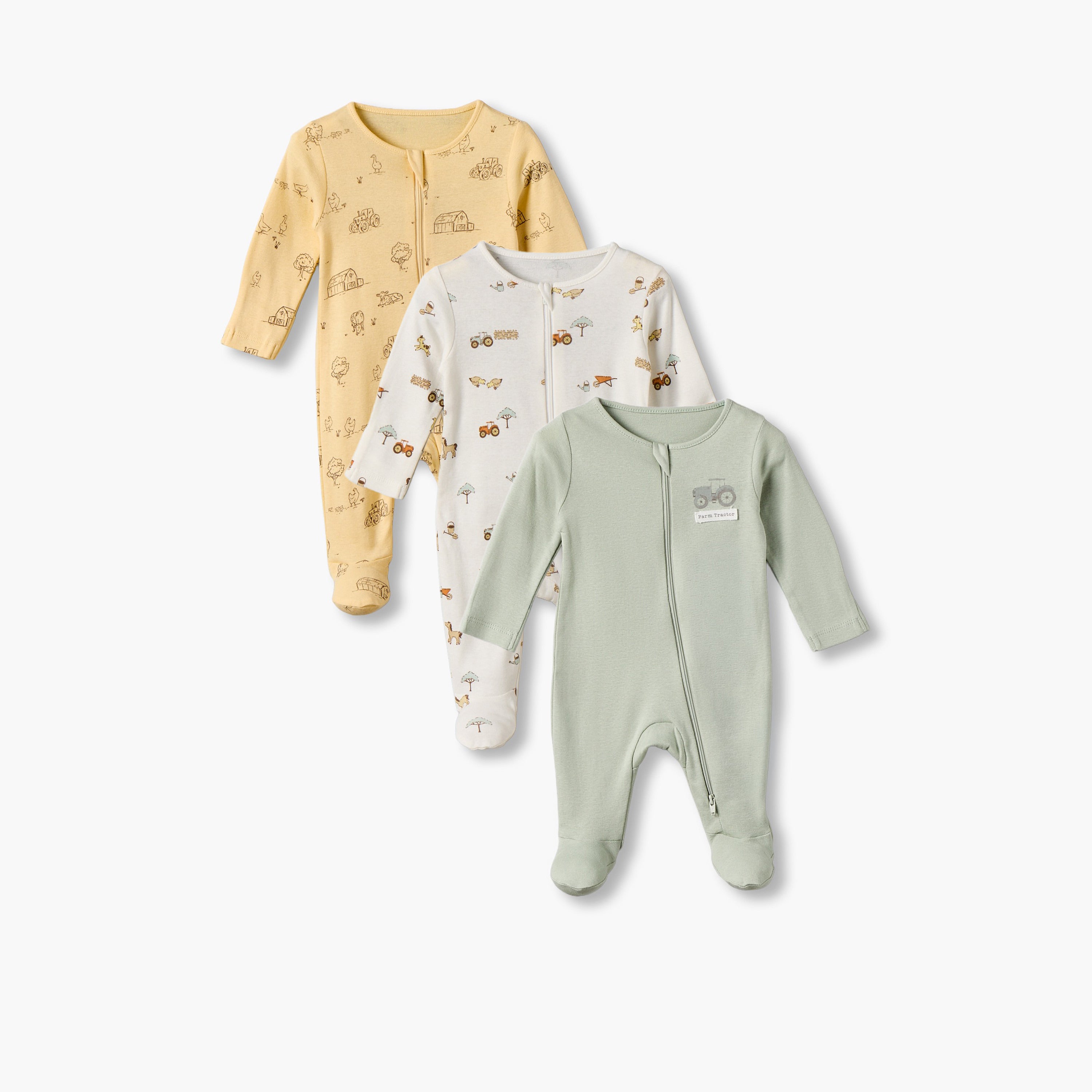 Pack of 3 Juniors Cotton Round Neck Long Sleeves Sleepsuit with Farmyard Print
