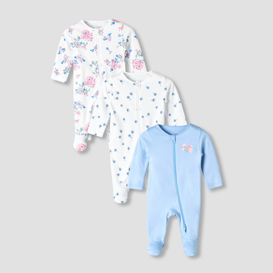 Pack of 3 Juniors Organic Cotton Crew Neck Long Sleeves Sleepsuit with Floral Print - Multicolour / 12-18 mths