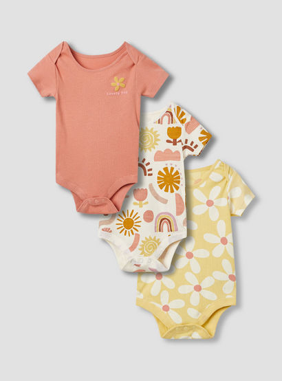 Juniors Assorted Bodysuit with Short Sleeves and Button Closure - Set of 3-baby-girls-clothing-bodysuits-image-1