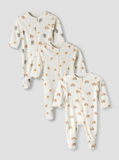 Pack of 3 Juniors Organic Cotton Round Neck Long Sleeves Sleepsuit with Print-baby-boys-clothing-nightwear-sleepsuits-image-1