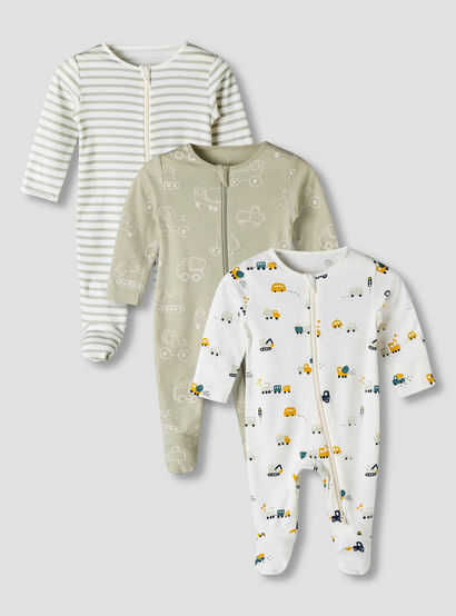 Pack of 3 Juniors Organic Cotton Round Neck Long Sleeves Sleepsuit with Print-baby-boys-clothing-nightwear-sleepsuits-image-1