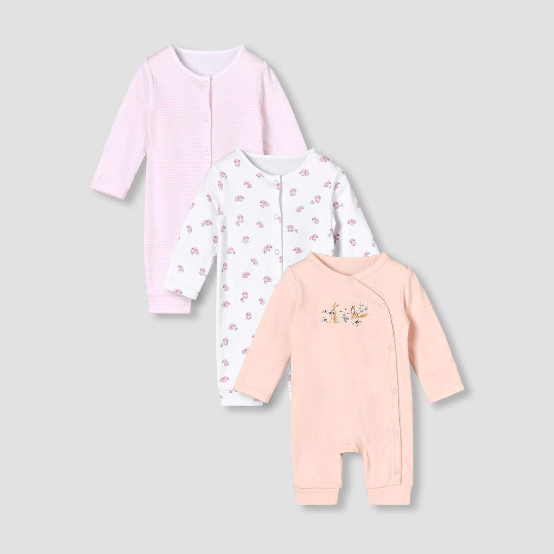 Pack of 3 Juniors Round Neck Long Sleeves Sleepsuit with Button Closure - Multicolour / 12-18 mths