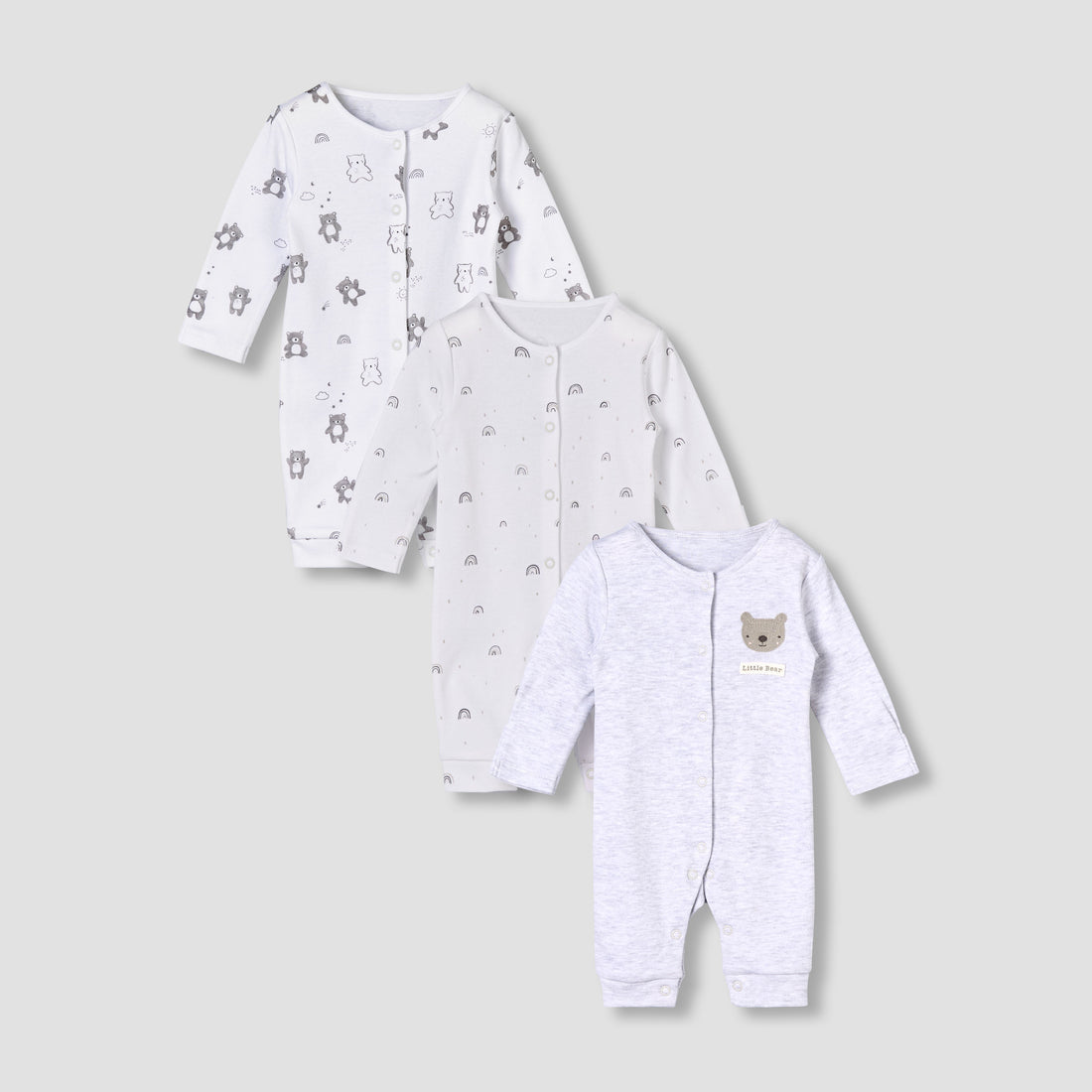 Pack of 3 Juniors Round Neck Long Sleeves Sleepsuit with Print - Grey / 12-18 mths