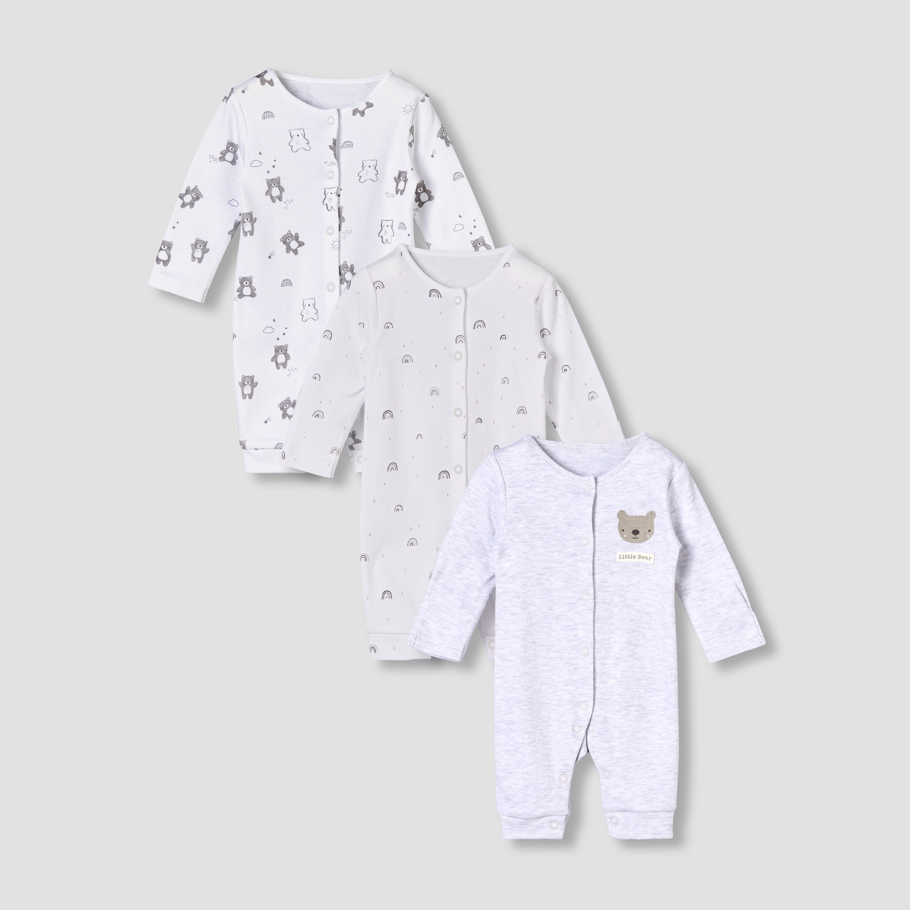 Pack of 3 Juniors Round Neck Long Sleeves Sleepsuit with Print - Grey / 12-18 mths