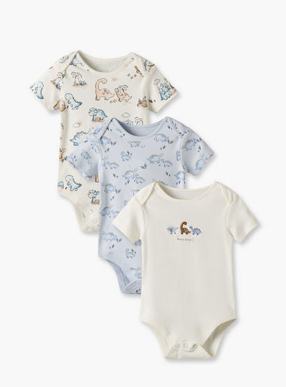 Pack of 3 Juniors Round Neck Short Sleeves Bodysuit with Dinosaur Print-baby-boys-clothing-bodysuits-image-1