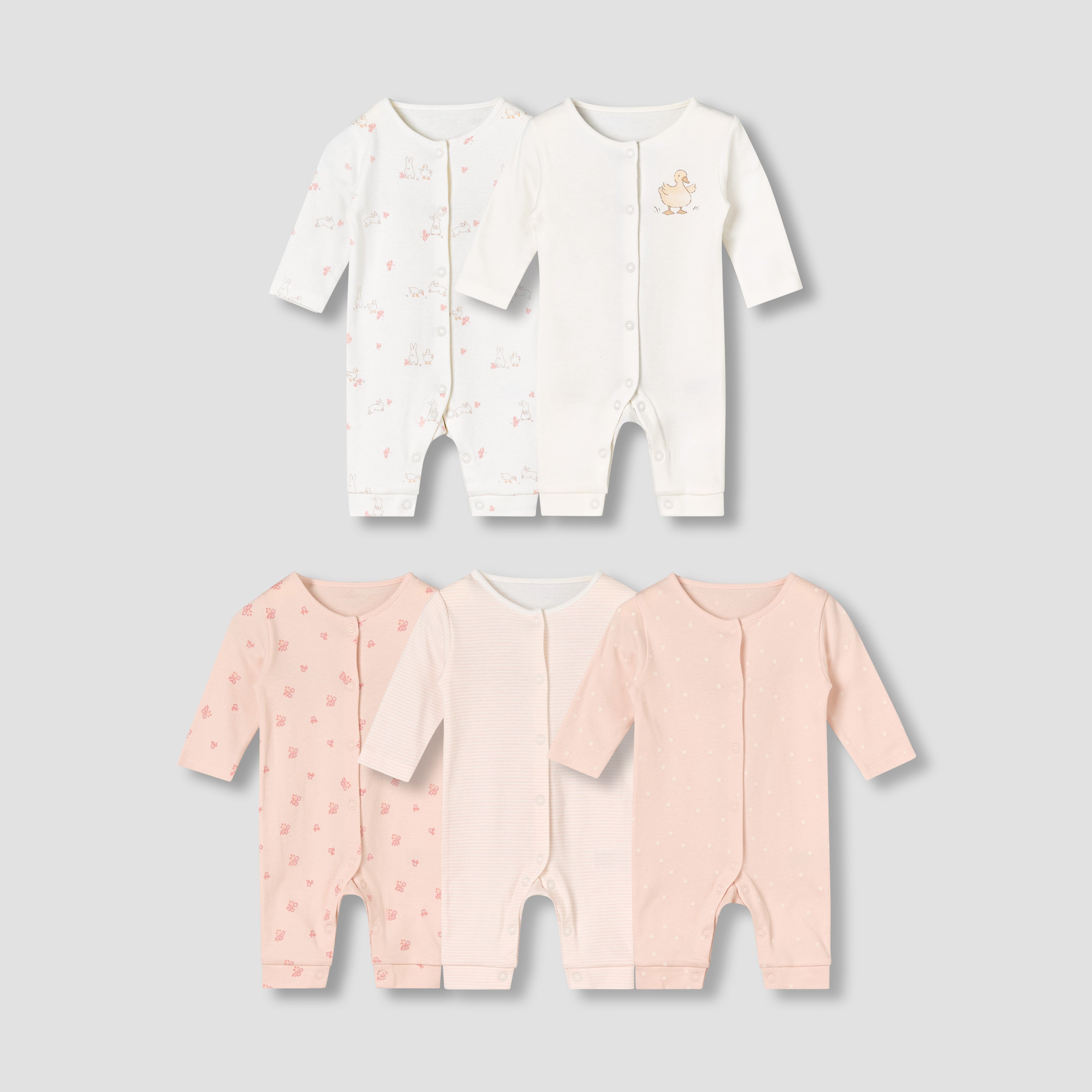 Pack of 5 Juniors Cotton Round Neck Long Sleeves Sleepsuit with Fun Prints - Pink / 12-18 mths