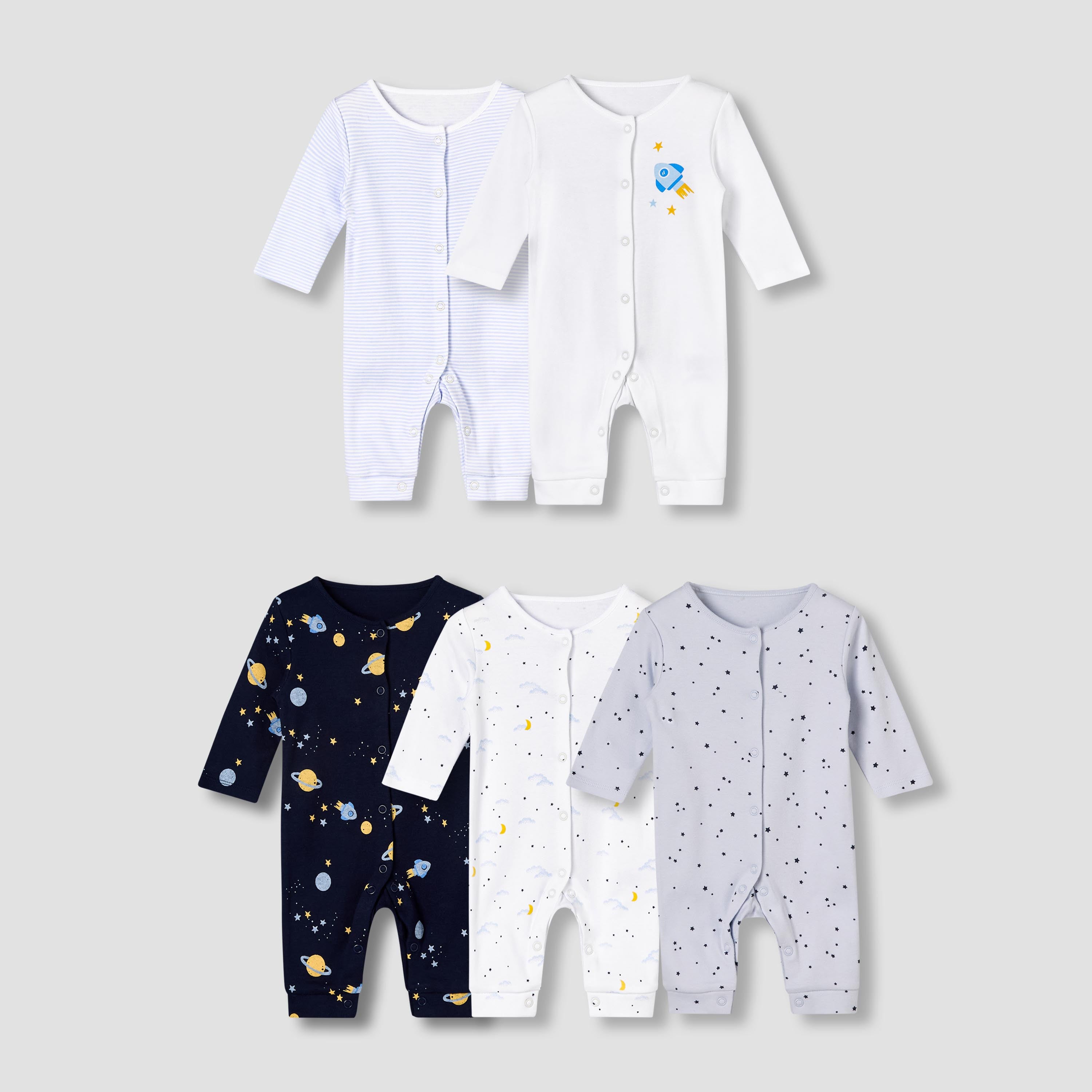 Pack of 5 Juniors Cotton Round Neck Long Sleeves Sleepsuit with Print - Multicolour / 12-18 mths