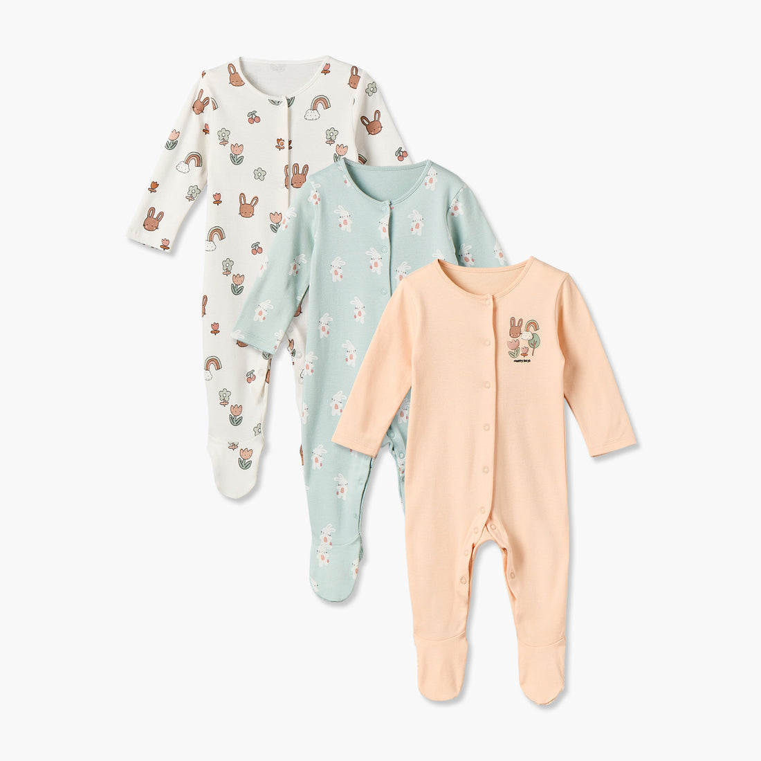 Pack of 3 Juniors Cotton Crew Neck Long Sleeve Sleepsuit with Bunny Print - Multicolour / 12-18 mths