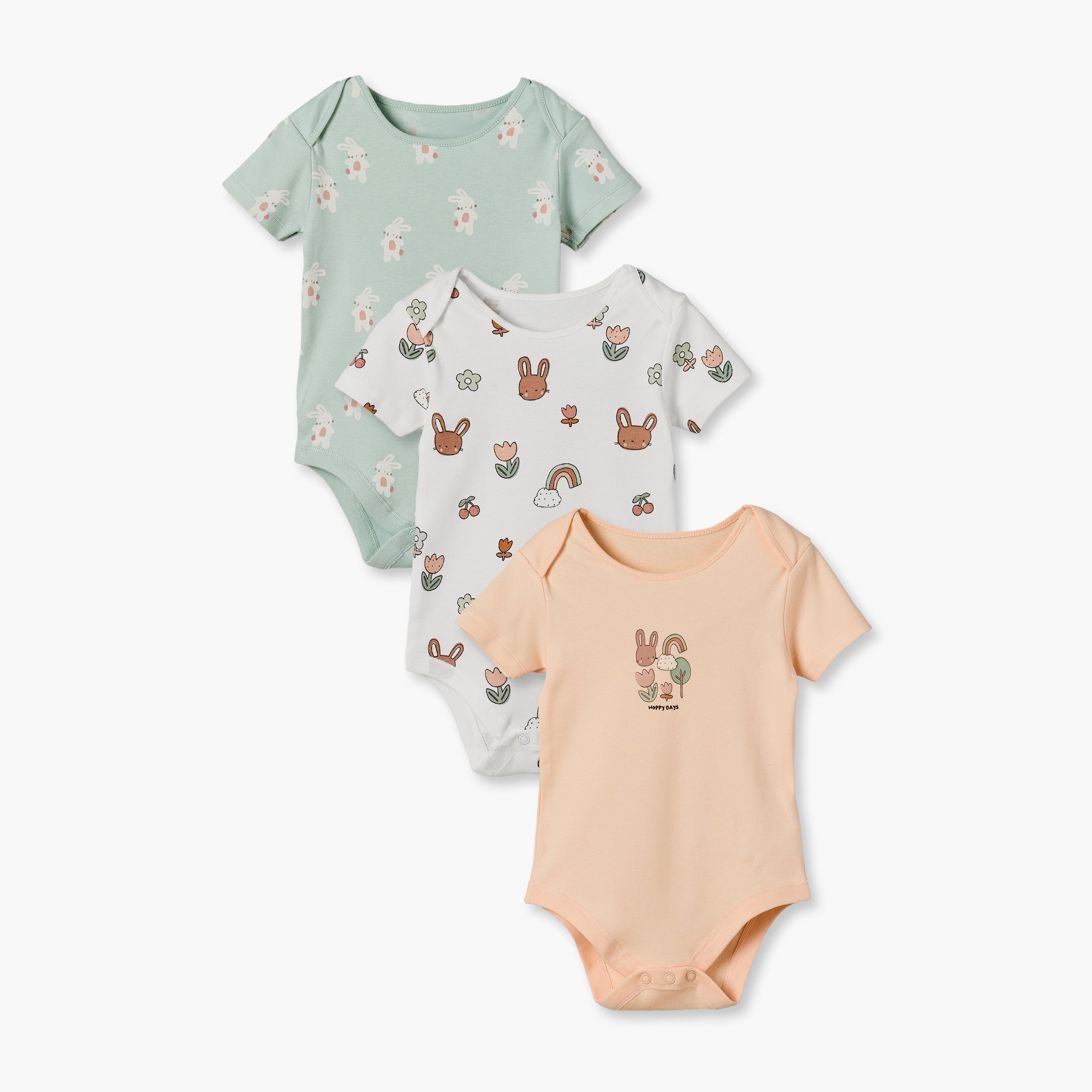 Pack of 3 Juniors Cotton Crew Neck Short Sleeves Bodysuit with Bunny Print - Multicolour / 18-24 mths
