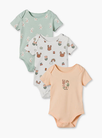 Pack of 3 Juniors Cotton Crew Neck Short Sleeves Bodysuit with Bunny Print-baby-girls-clothing-bodysuits-image-1