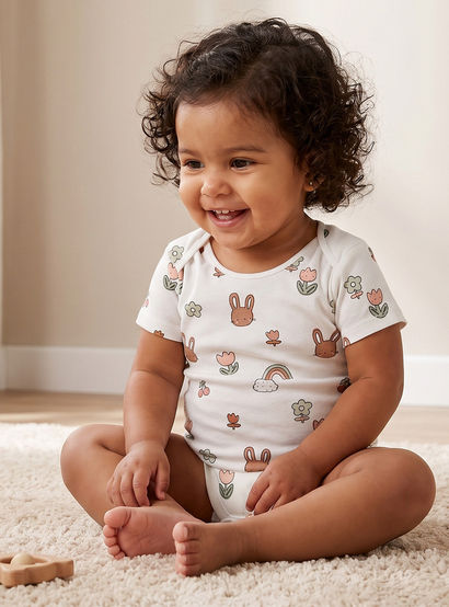 Pack of 3 Juniors Cotton Crew Neck Short Sleeves Bodysuit with Bunny Print-baby-girls-clothing-bodysuits-image-2