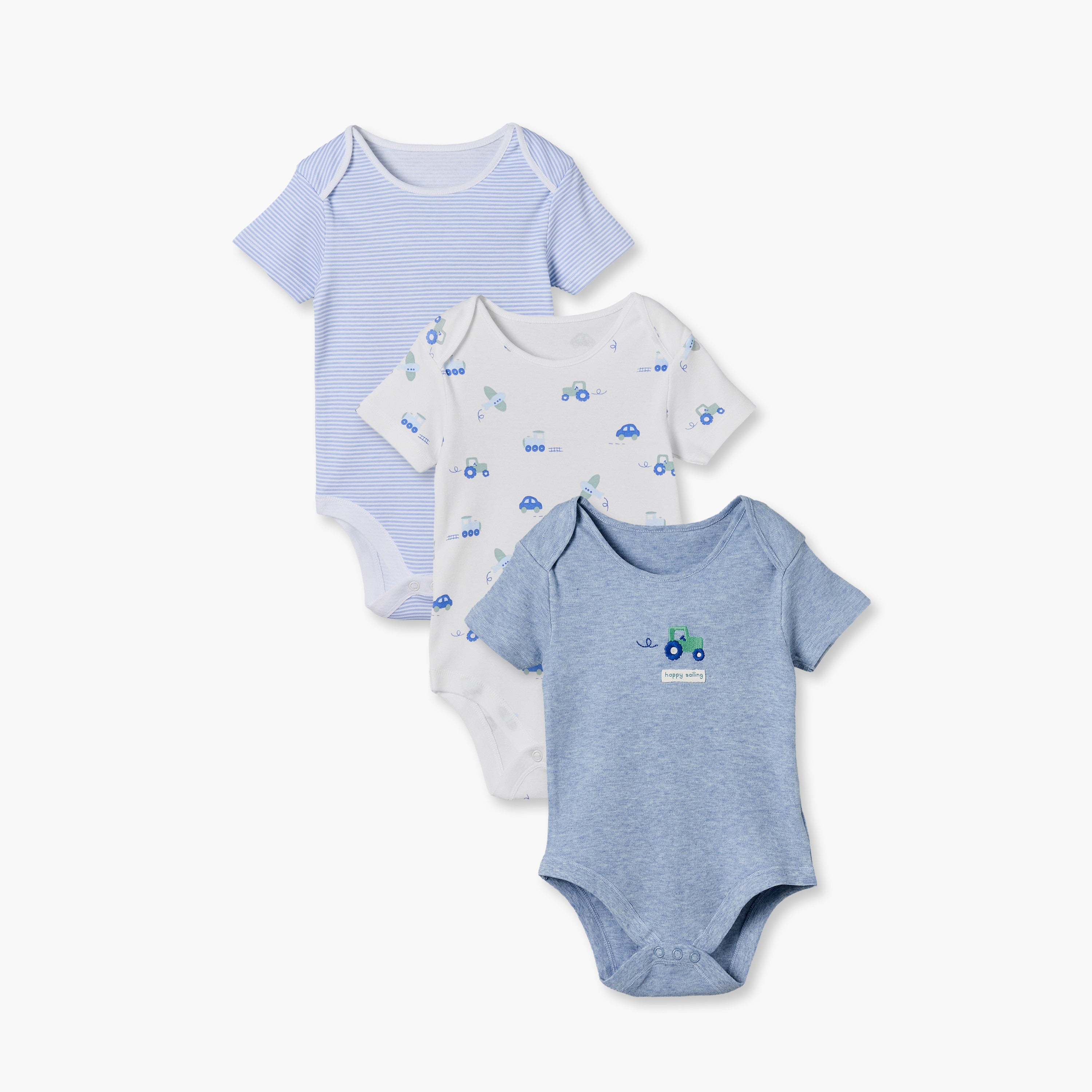 Pack of 3 Juniors Cotton Crew Neck Short Sleeves Bodysuit with Construction Vehicles Print - Blue / 18-24 mths