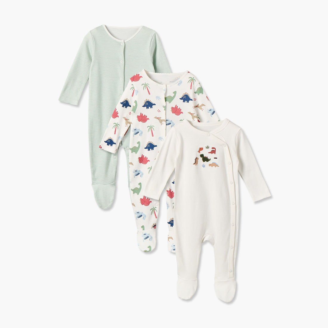 Pack of 3 Juniors Cotton Round Neck Long Sleeves Sleepsuit with Assorted Print - Green / 12-18 mths