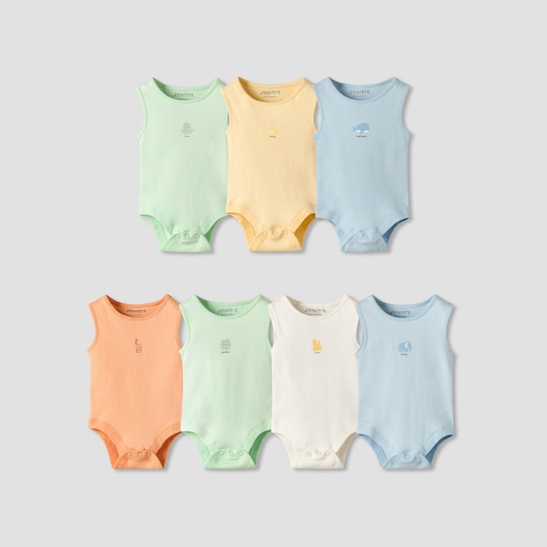 Pack of 7 Juniors Crew Neck Sleeveless Bodysuit with Snap Button Closure