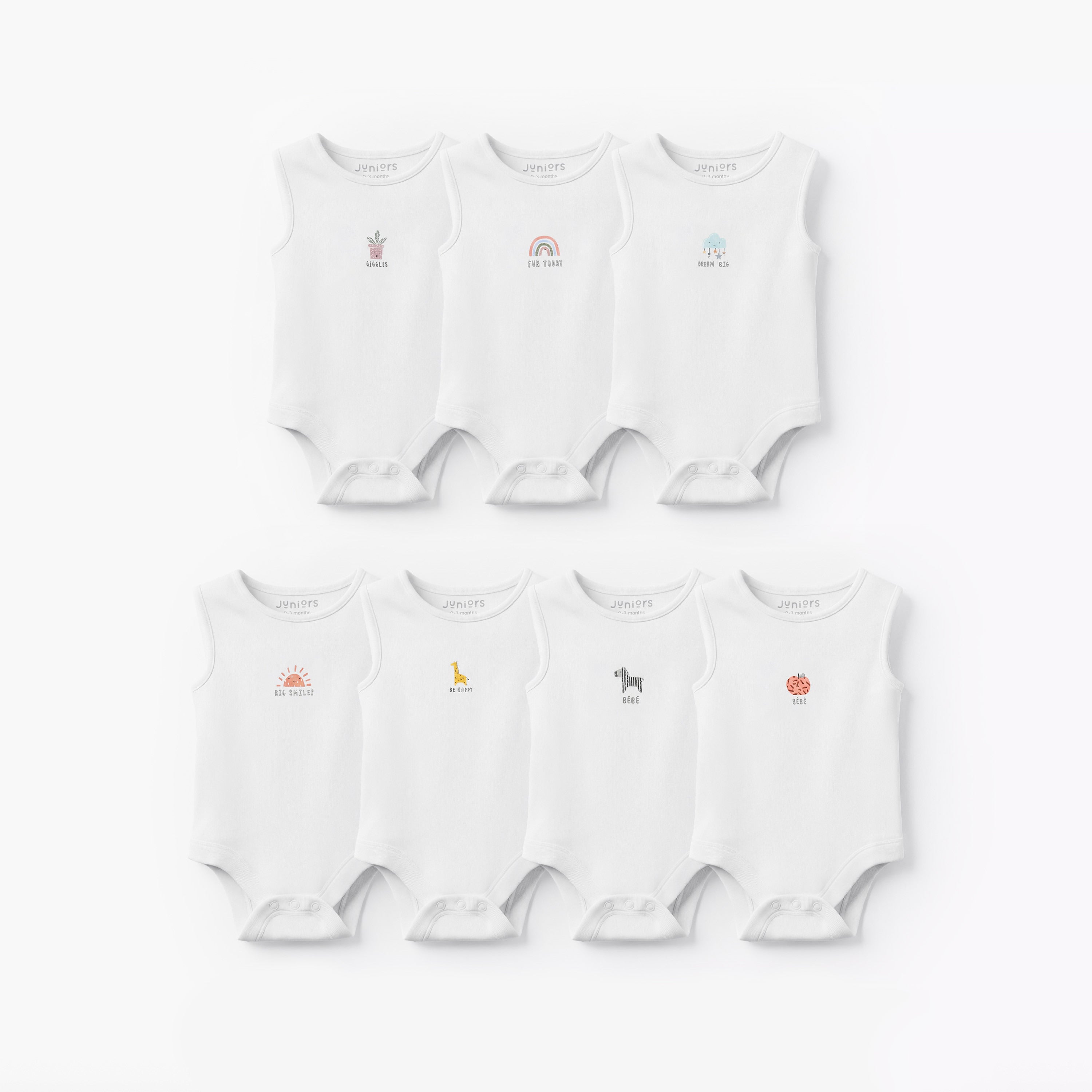 Pack of 7 Juniors Round Neck Sleeveless Bodysuit with Snap Button Closure - White / 12-18 mths