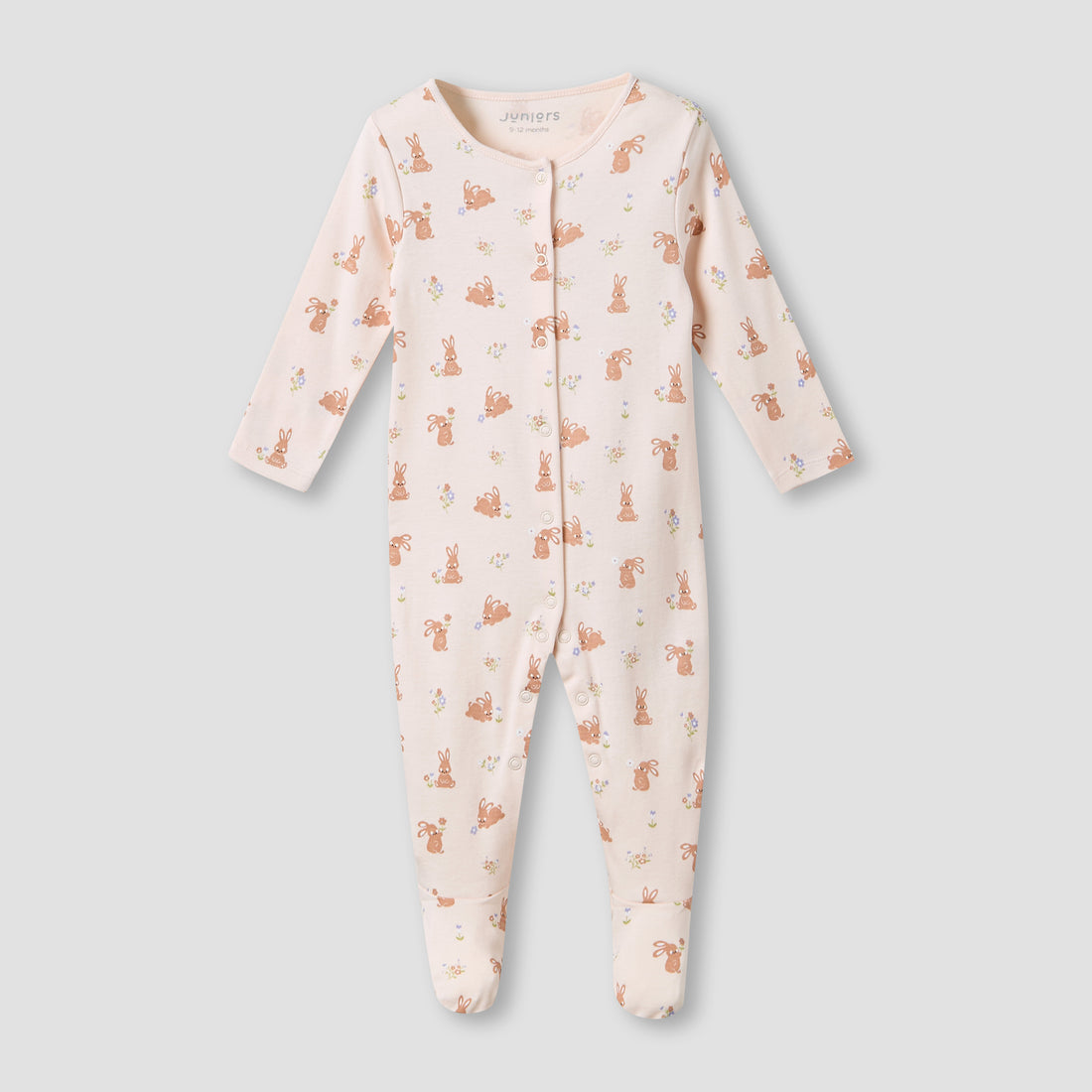 Juniors Round Neck Sleepsuit with Rabbit Print - Cotton - Long Sleeves