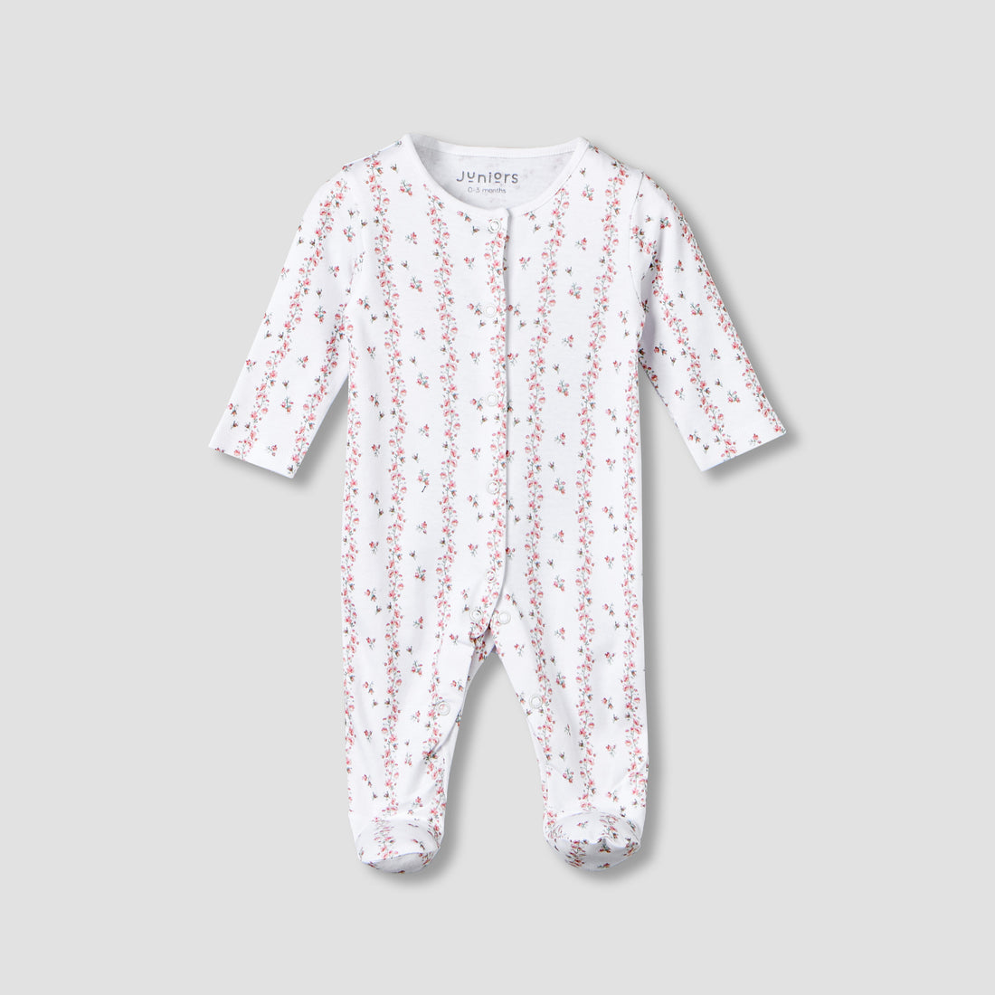 Juniors Cotton Round Neck Long Sleeves Sleepsuit with Floral Print - White / 12-18 mths