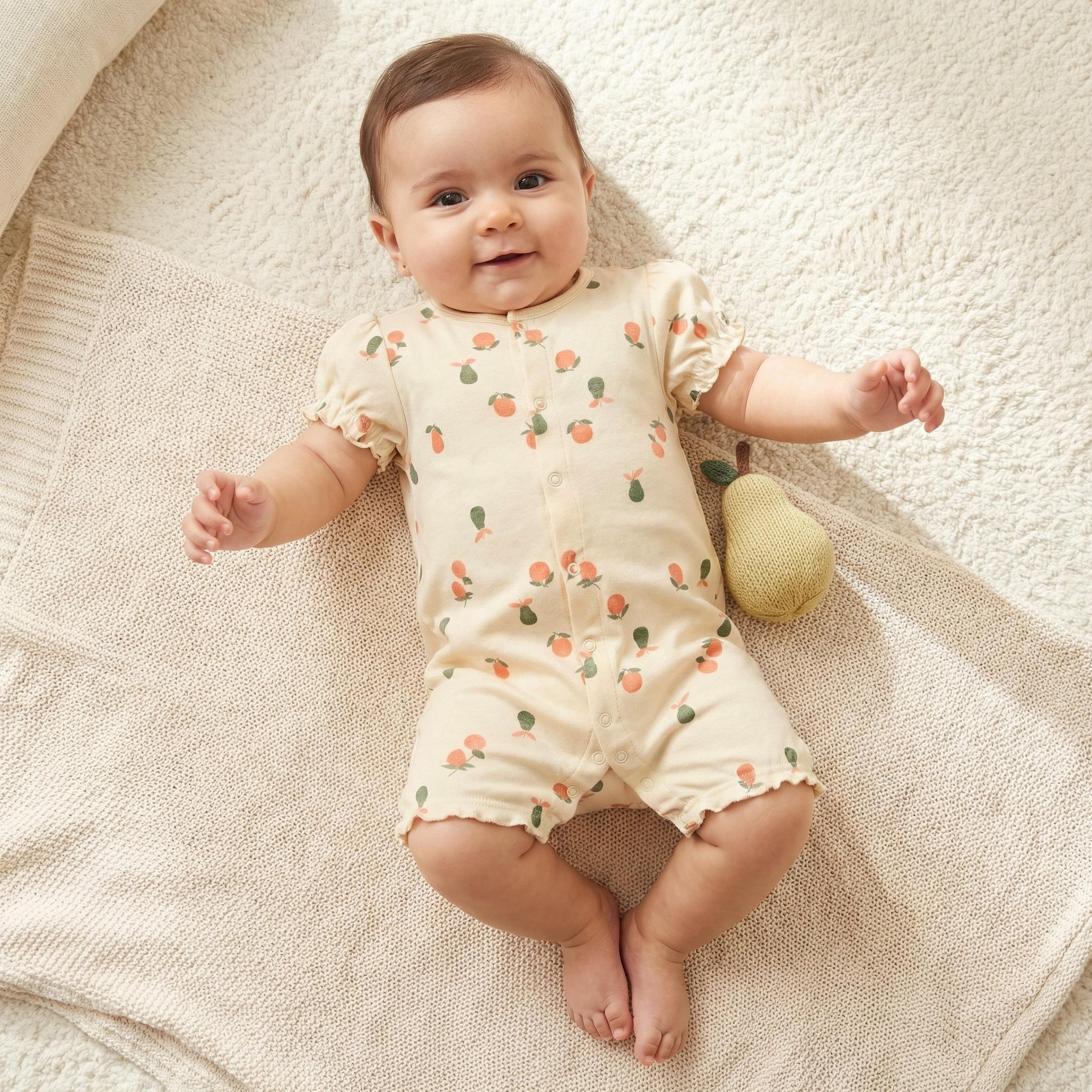 Juniors Round Neck Romper with Fruit Print - Cotton - Short Sleeves
