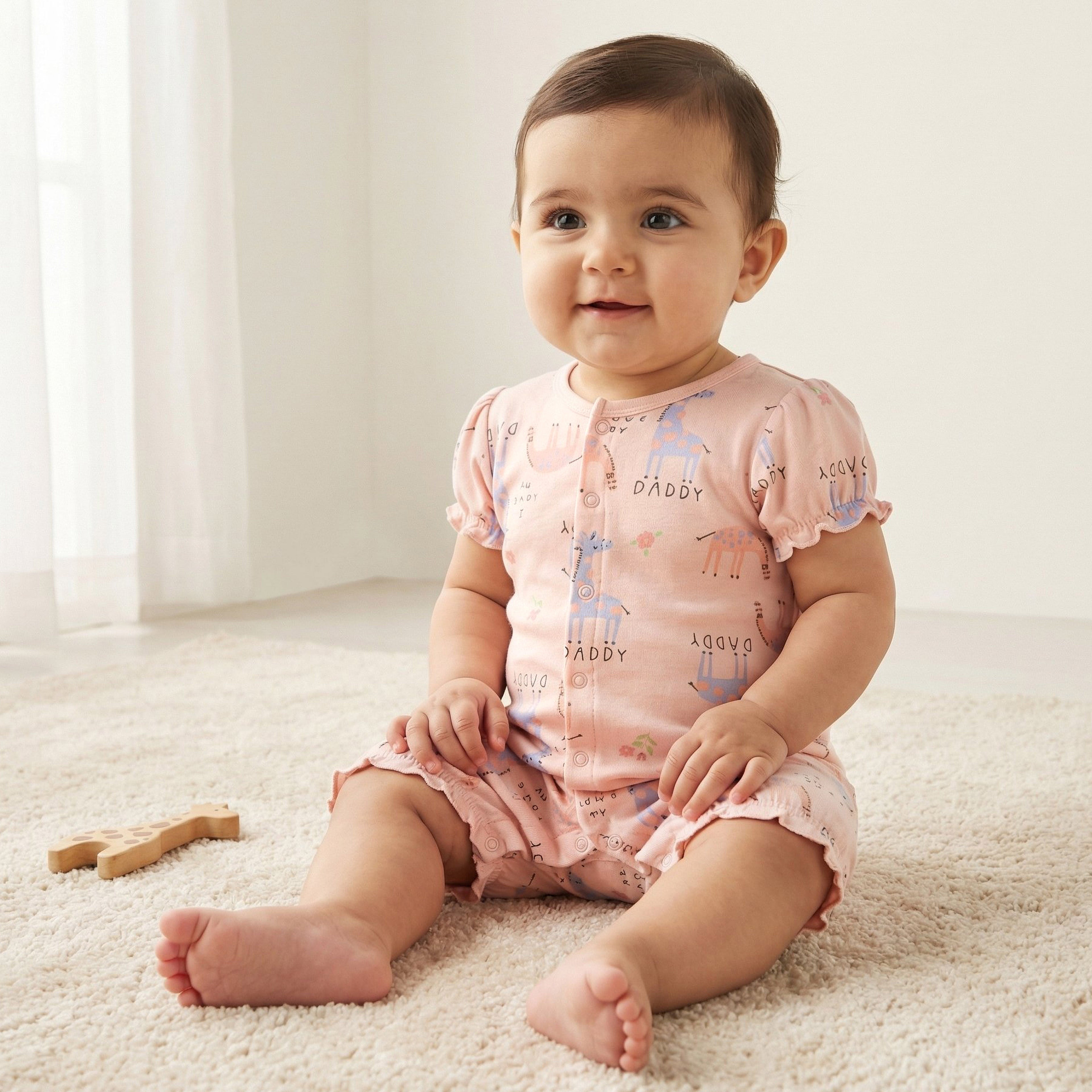 Juniors Round Neck Romper with Giraffe Print - Cotton - Short Sleeves