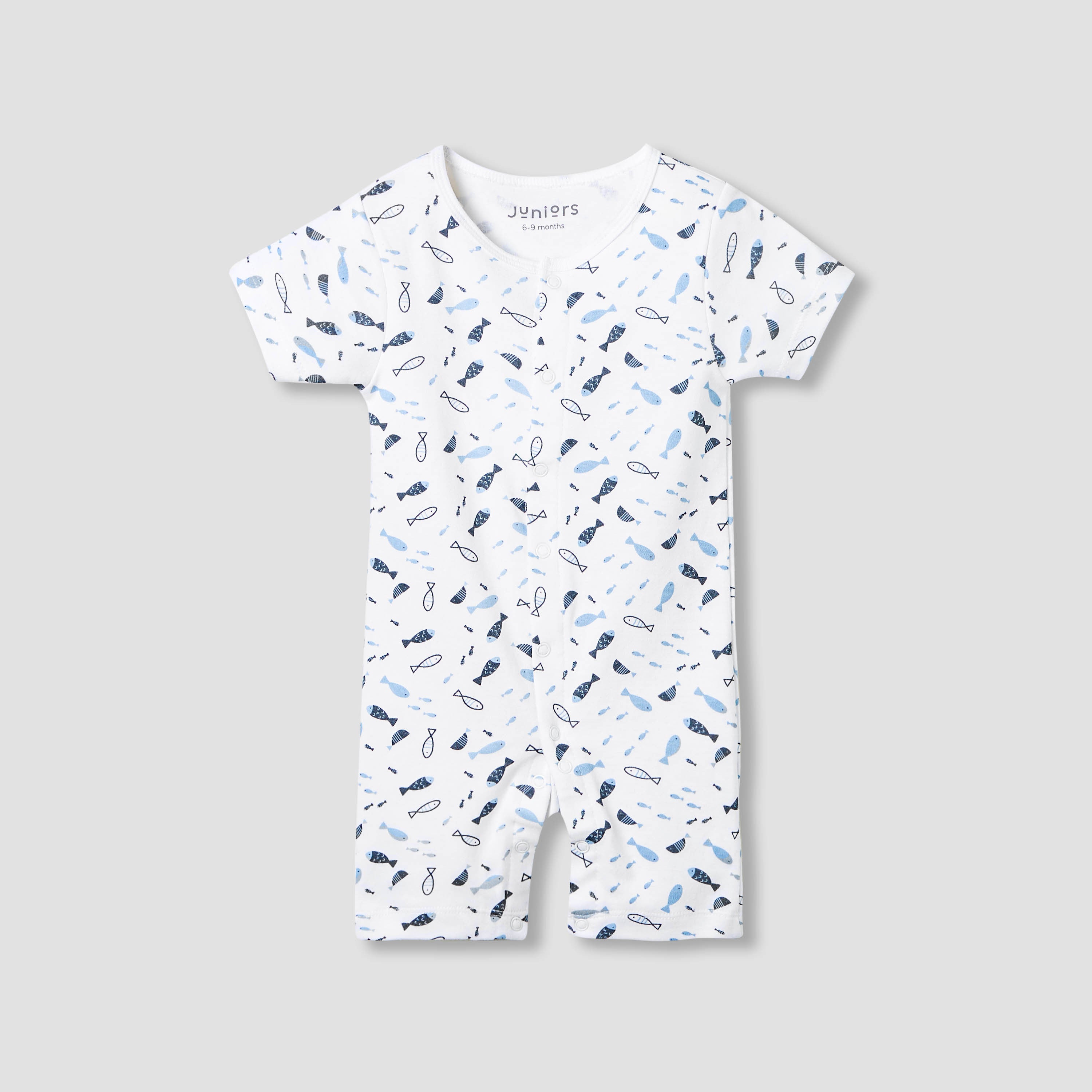 Juniors Round Neck Romper with Fish Print - Cotton - Short Sleeves