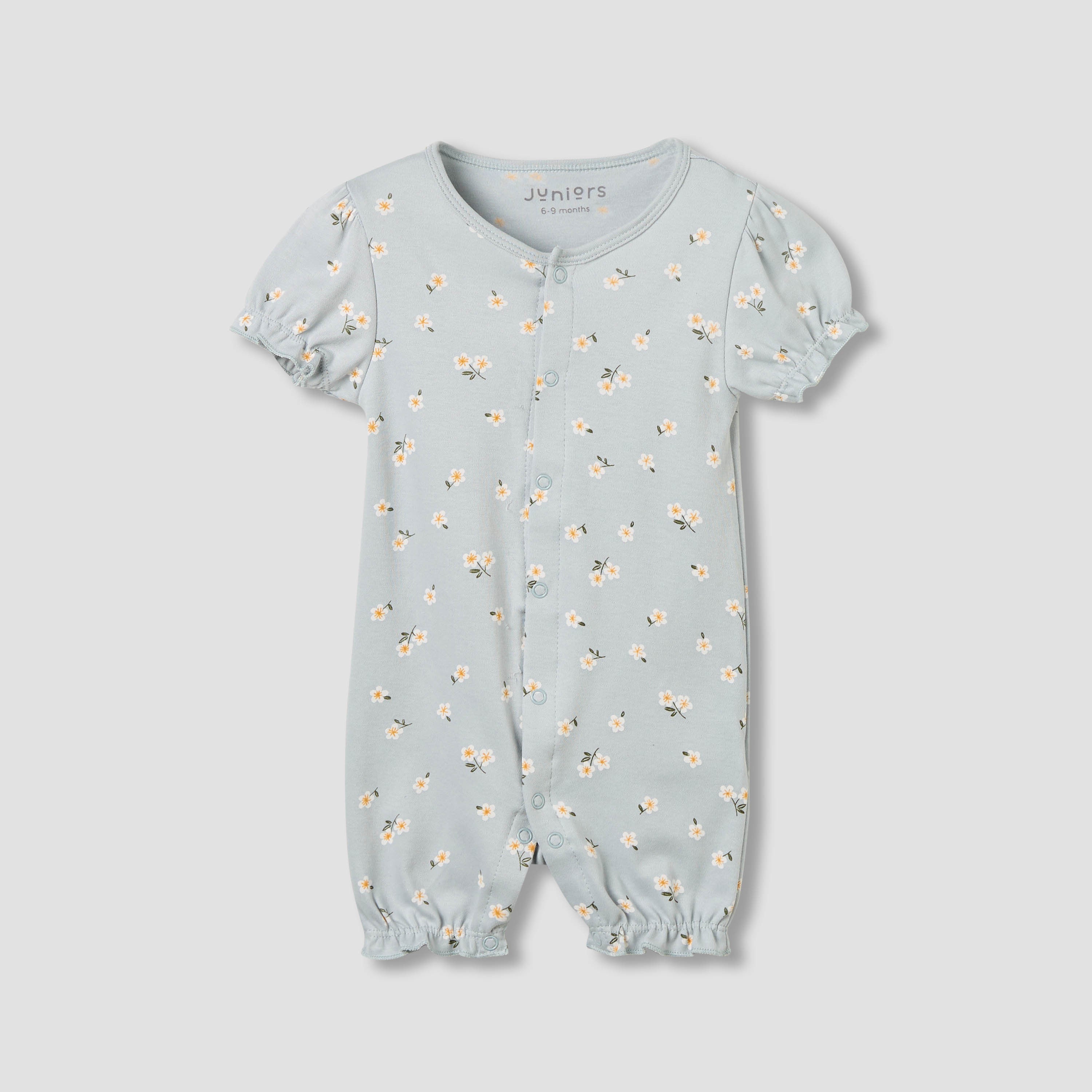 Juniors Crew Neck Romper with Floral Print - Cotton - Short Sleeves - Grey / 12-18 mths