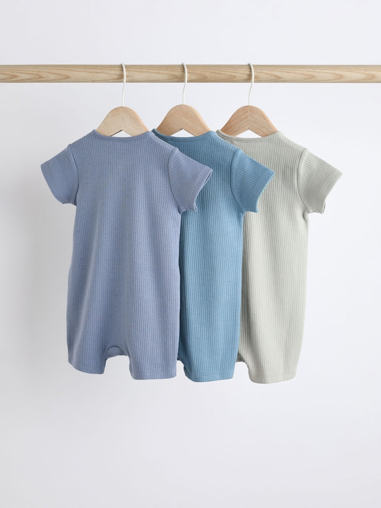 Blue Baby Two Way Zip 100% Cotton Rompers 3 Pack (0-3yrs)