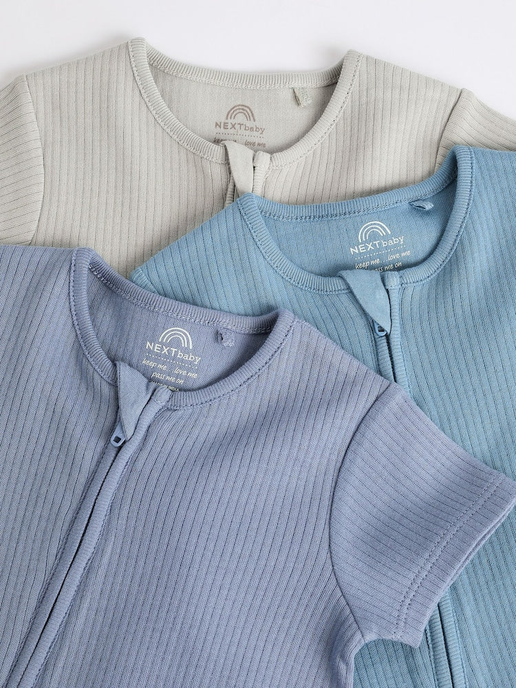 Blue Baby Two Way Zip 100% Cotton Rompers 3 Pack (0-3yrs)