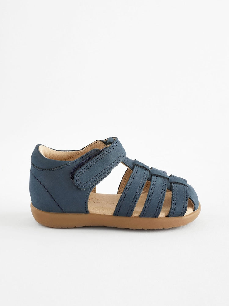 Navy Wide Fit (G) Baby Touch Fastening Leather First Walker Sandals