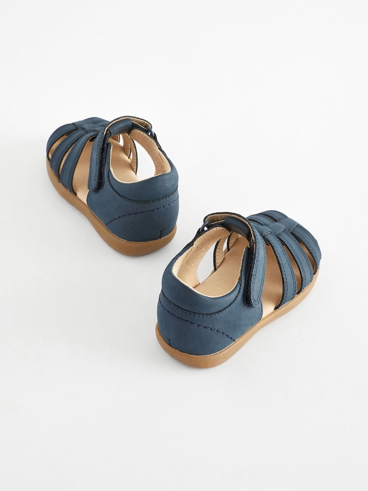 Navy Wide Fit (G) Baby Touch Fastening Leather First Walker Sandals