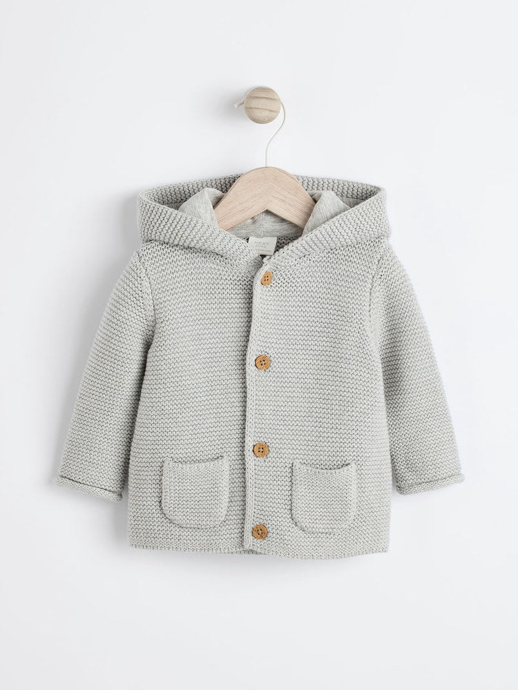 Grey Knitted Hooded Baby Cardigan - Size 50cm (First Size) - Grey