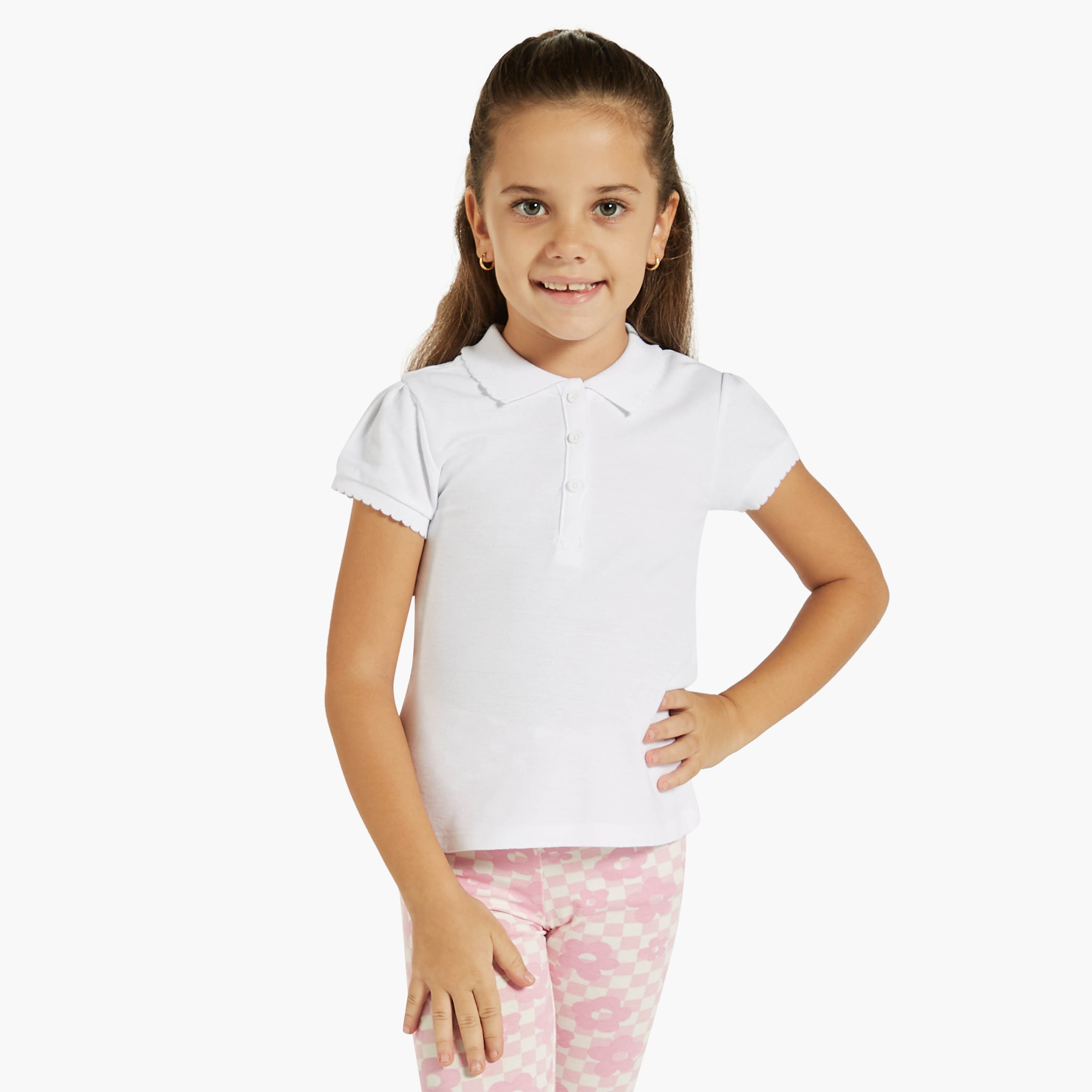 Juniors Solid Polo T-shirt with Short Sleeves and Button Closure