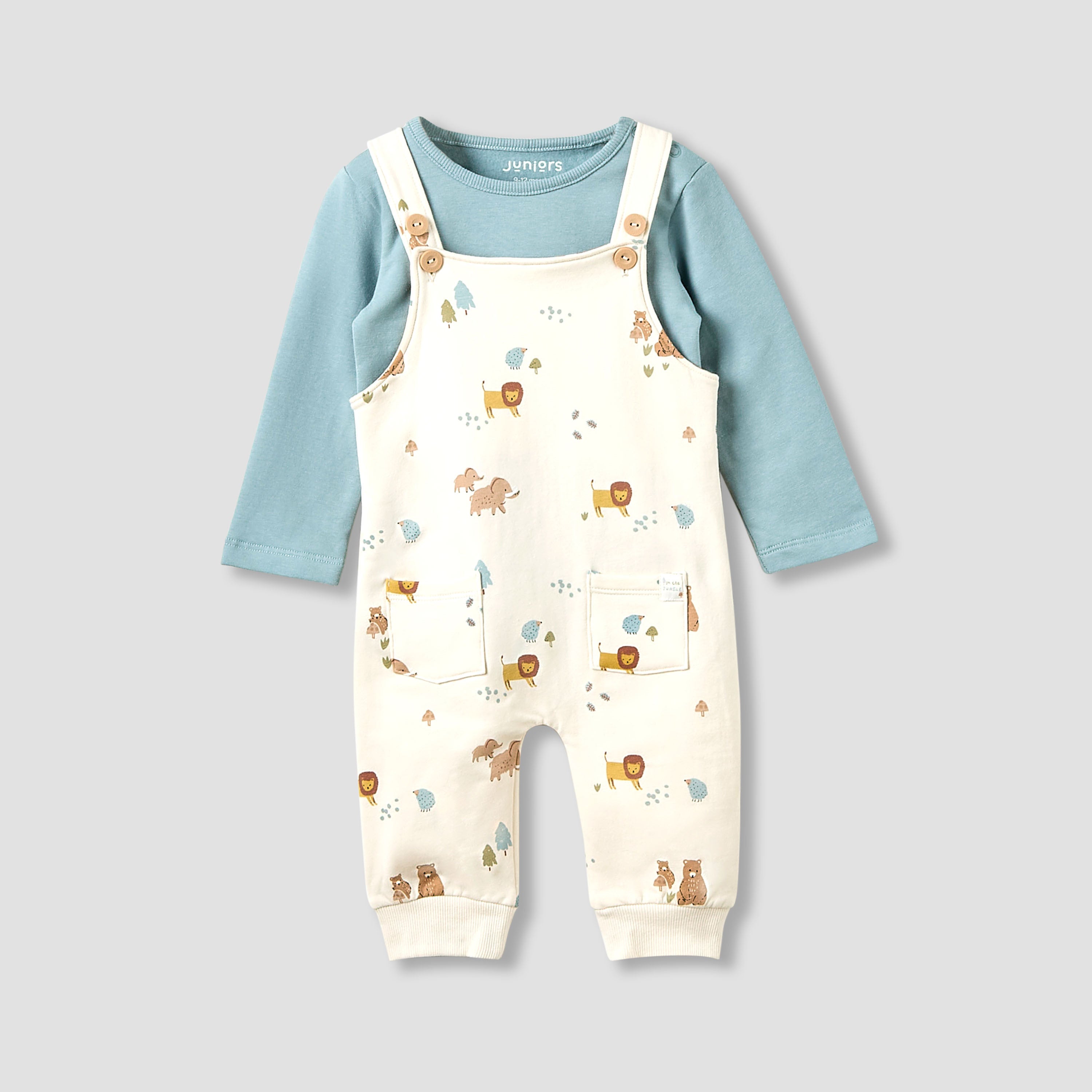 Juniors Boys Dungaree Set with Adjustable Straps - Cotton - Crew Neck - Long Sleeves - Multicolour / 9-12 mths