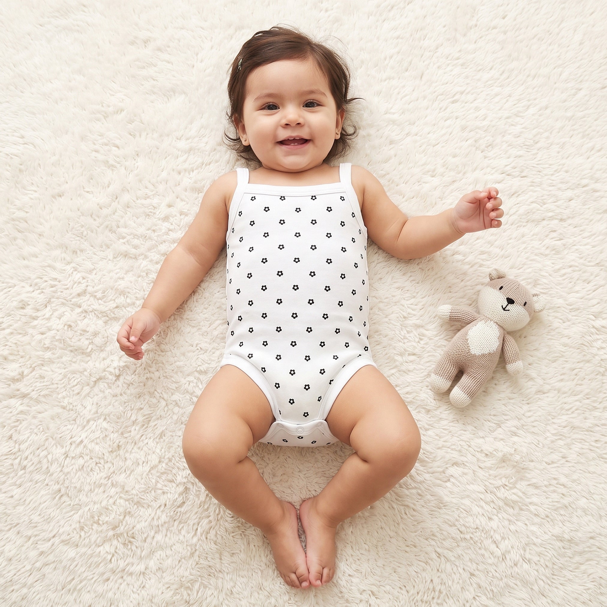 Juniors Cotton Square Neck Strappy Bodysuit with Floral Print - White / 12-18 mths