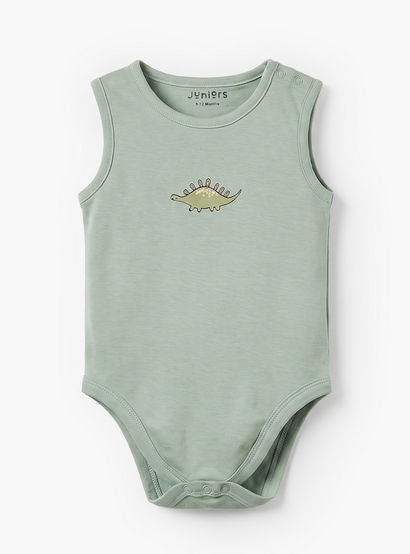 Pack of 3 Juniors Round Neck Sleeveless Bodysuit with Dinosaur Print-baby-boys-clothing-bodysuits-image-2