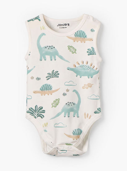 Pack of 3 Juniors Round Neck Sleeveless Bodysuit with Dinosaur Print-baby-boys-clothing-bodysuits-image-4