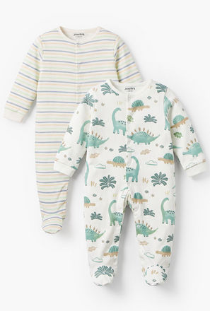 Pack of 2 Juniors Cotton Crew Neck Long Sleeves Sleepsuit with Dinosaur Print
