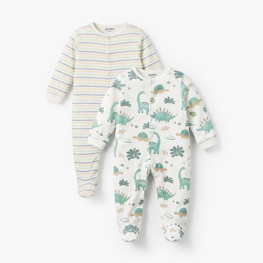 Pack of 2 Juniors Cotton Crew Neck Long Sleeves Sleepsuit with Dinosaur Print - Green / 9-12 mths