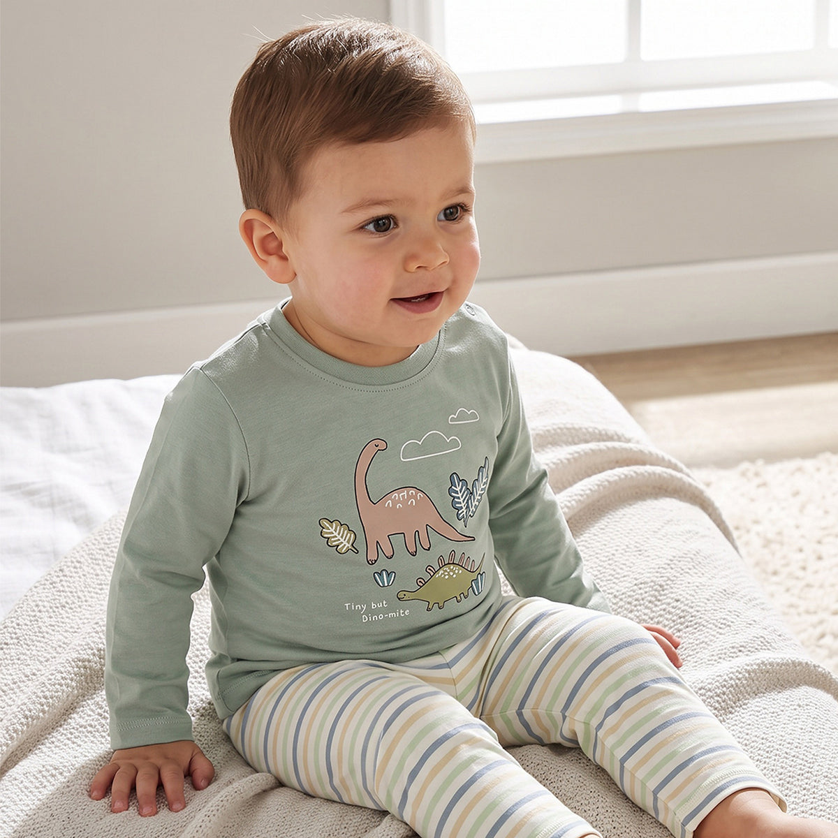 Pack of 2 Juniors Cotton Crew Neck Long Sleeves Pyjama Set with Dinosaur Print