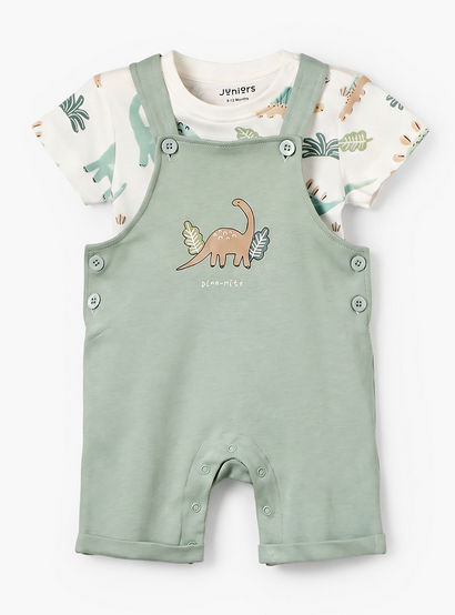 Juniors Crew Neck Short Sleeves T-shirt and Dungaree Set with Dinosaur Print-baby-boys-clothing-setsandcoords-image-1