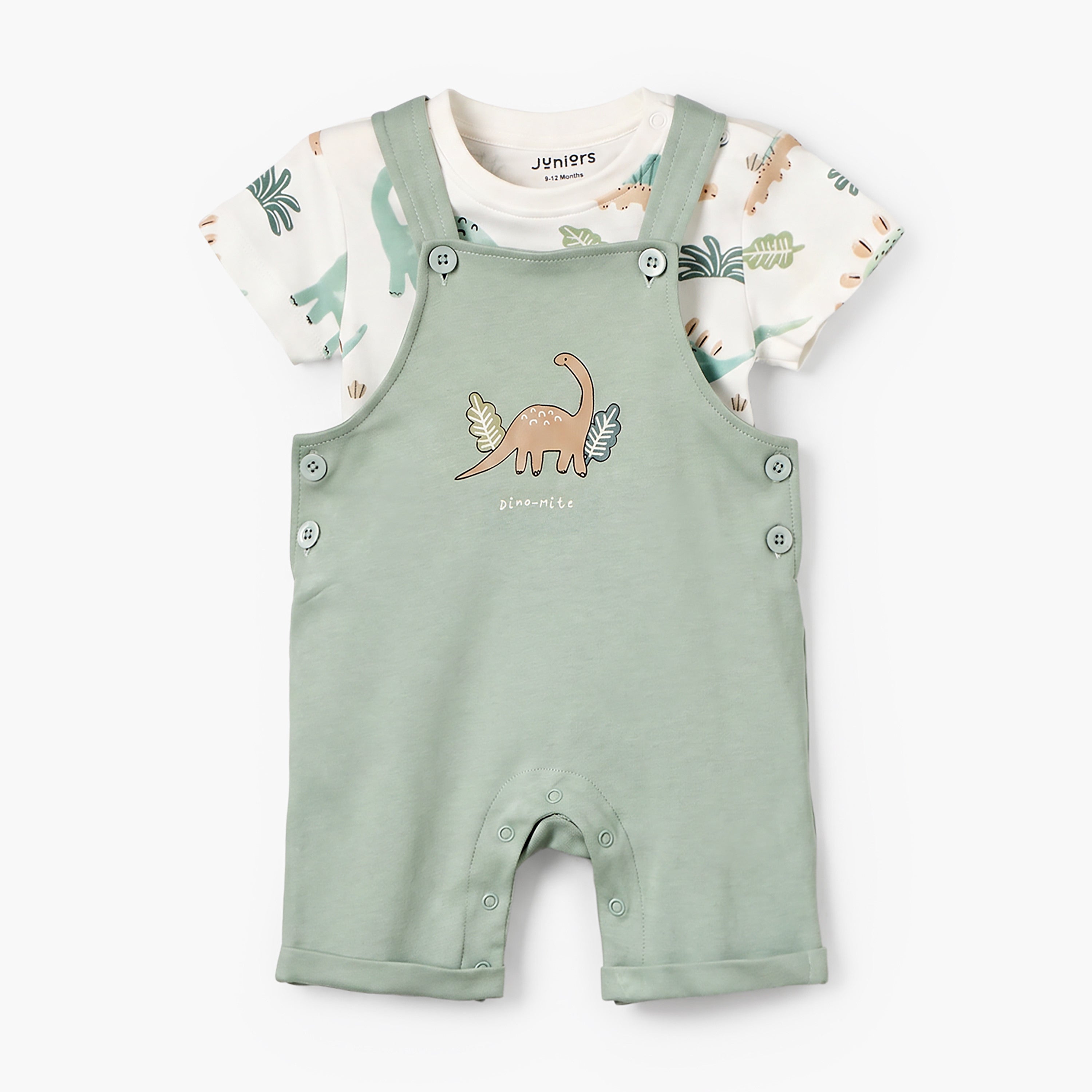 Juniors Crew Neck Short Sleeves T-shirt and Dungaree Set with Dinosaur Print - Green / 12-18 mths